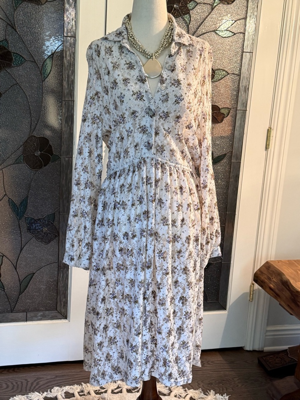 POL Long Sleeve Floral Dress in Cream and Black